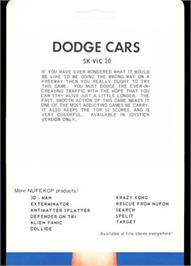 Box back cover for Dodge Cars on the Commodore VIC-20.