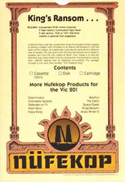 Box back cover for King's Ransom on the Commodore VIC-20.