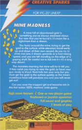 Box back cover for Mine Madness on the Commodore VIC-20.