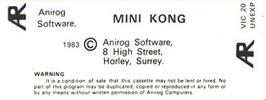 Box back cover for Mini Kong on the Commodore VIC-20.