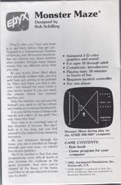 Box back cover for Monster Maze on the Commodore VIC-20.