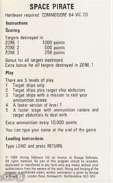 Box back cover for Space Pirate on the Commodore VIC-20.