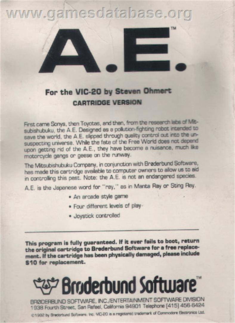 A.e. - Commodore VIC-20 - Artwork - Box Back