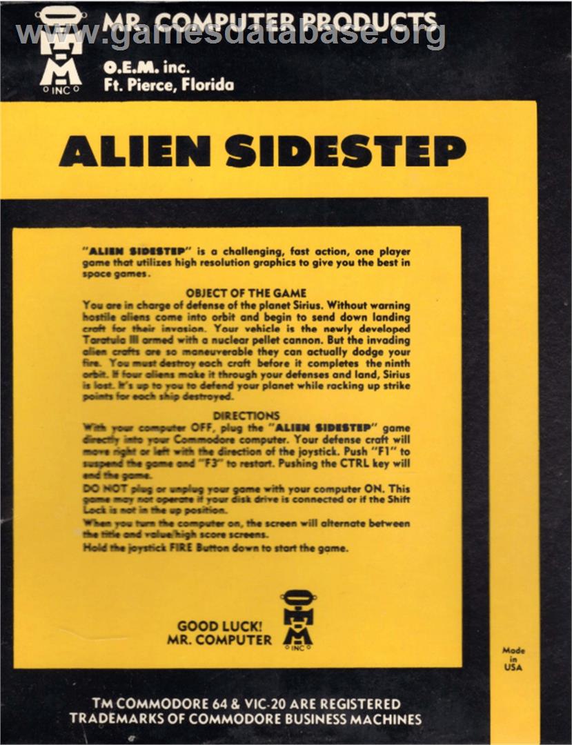 Alien Sidestep - Commodore VIC-20 - Artwork - Box Back