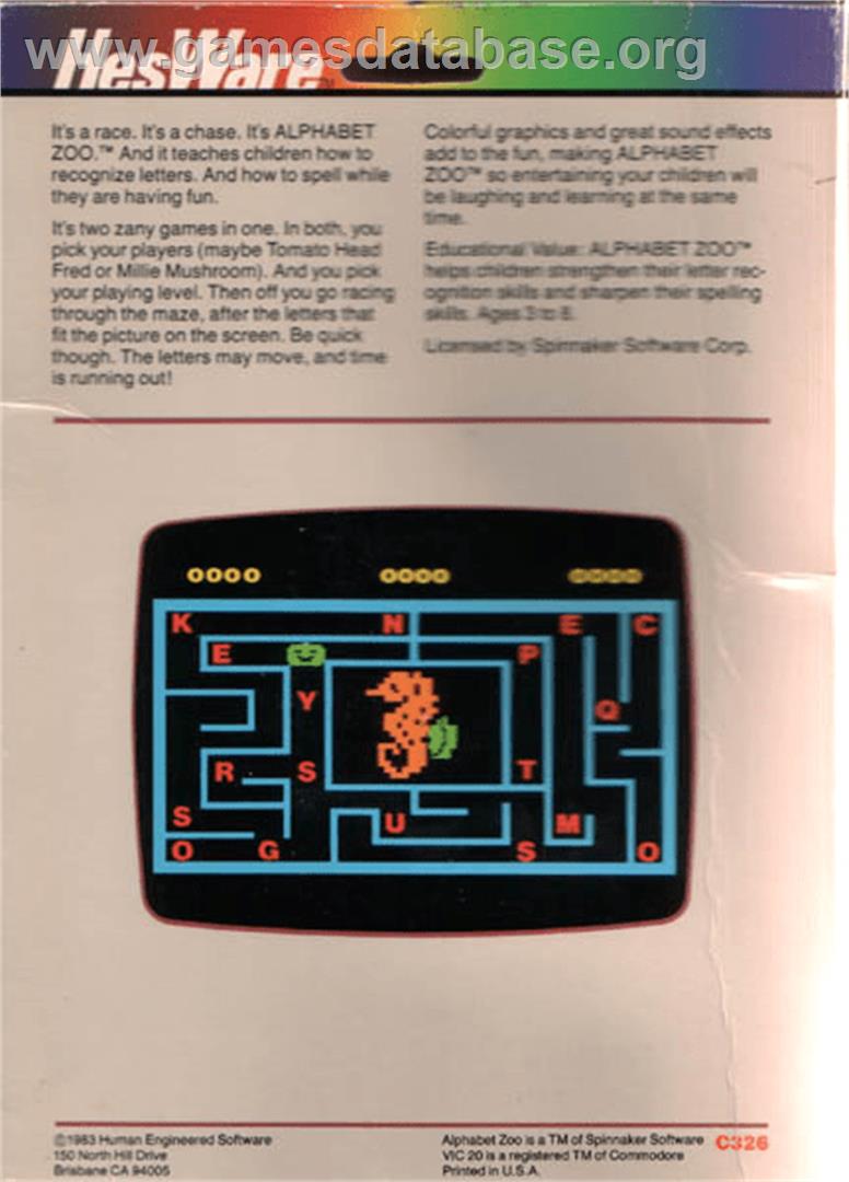 Alphabet Zoo - Commodore VIC-20 - Artwork - Box Back