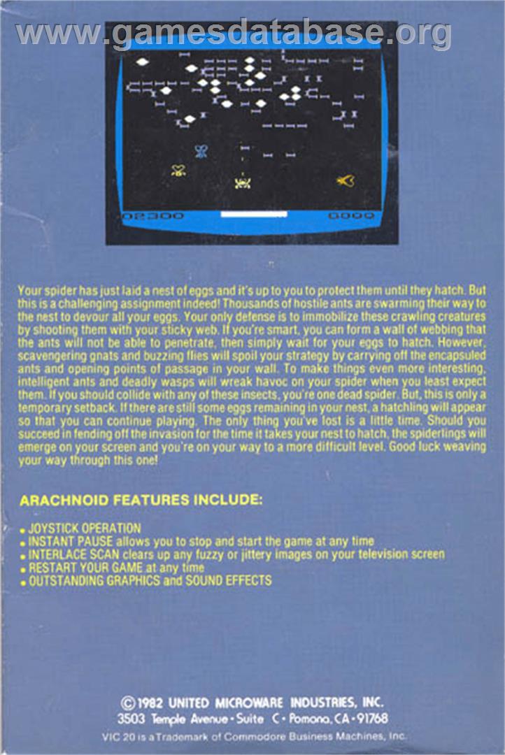 Arachnoid - Commodore VIC-20 - Artwork - Box Back