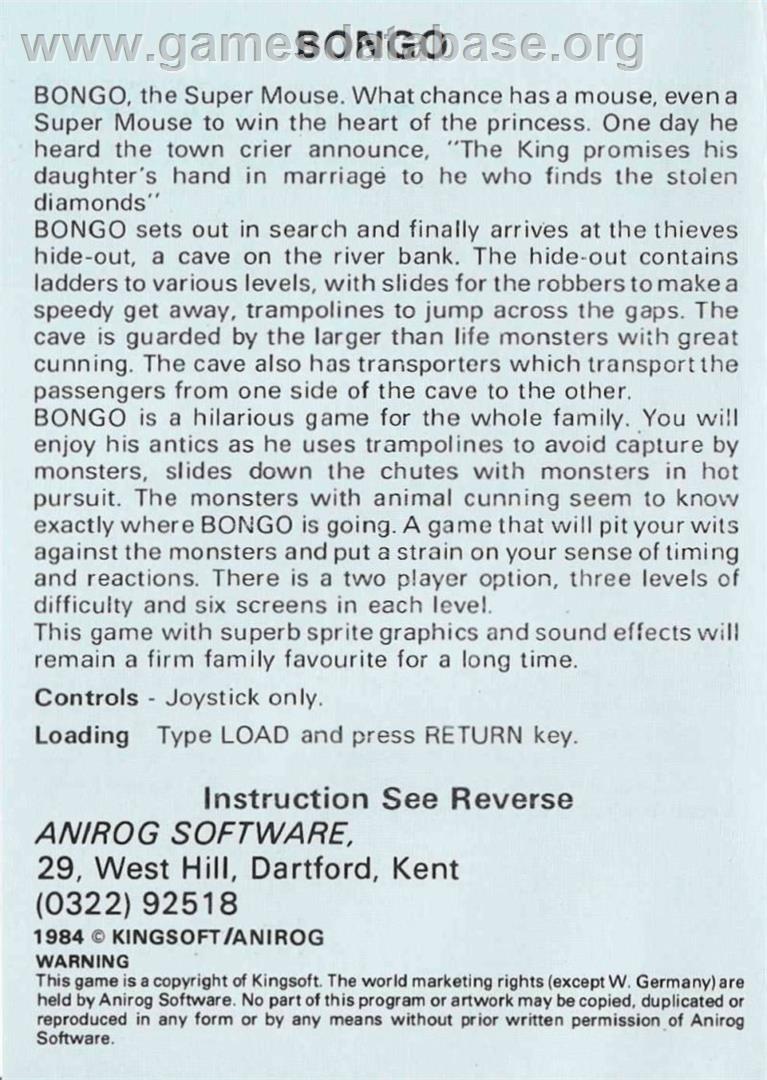 Bongo - Commodore VIC-20 - Artwork - Box Back