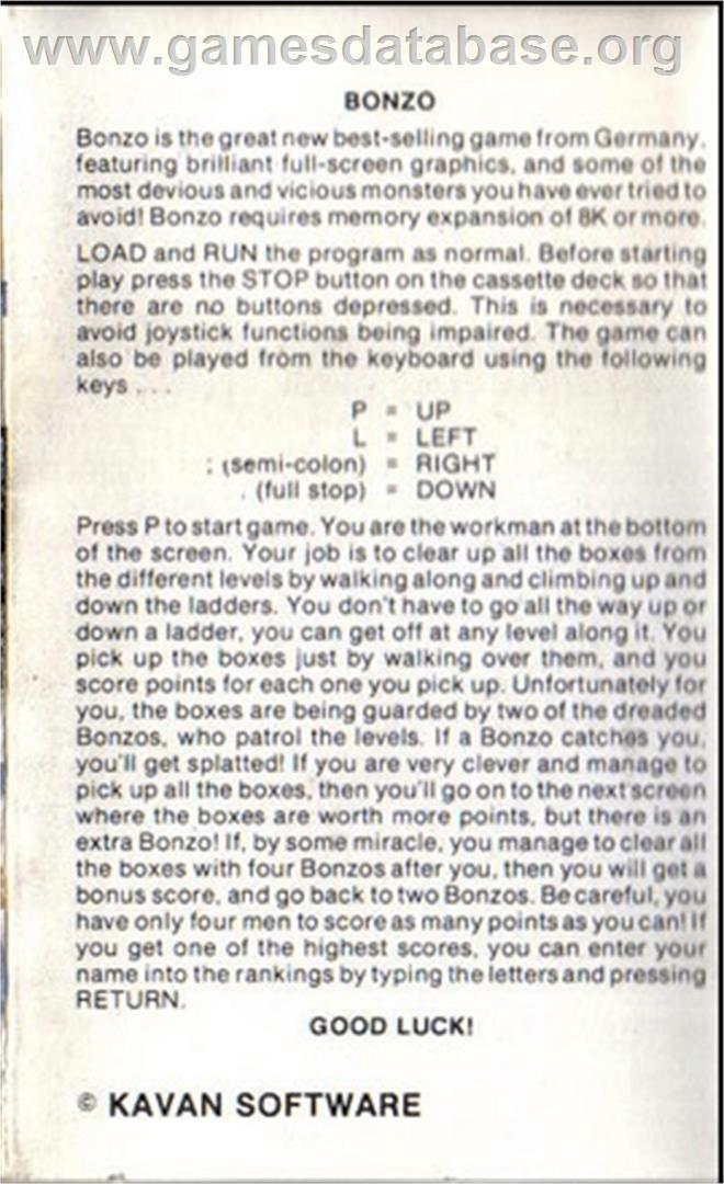 Bonzo - Commodore VIC-20 - Artwork - Box Back