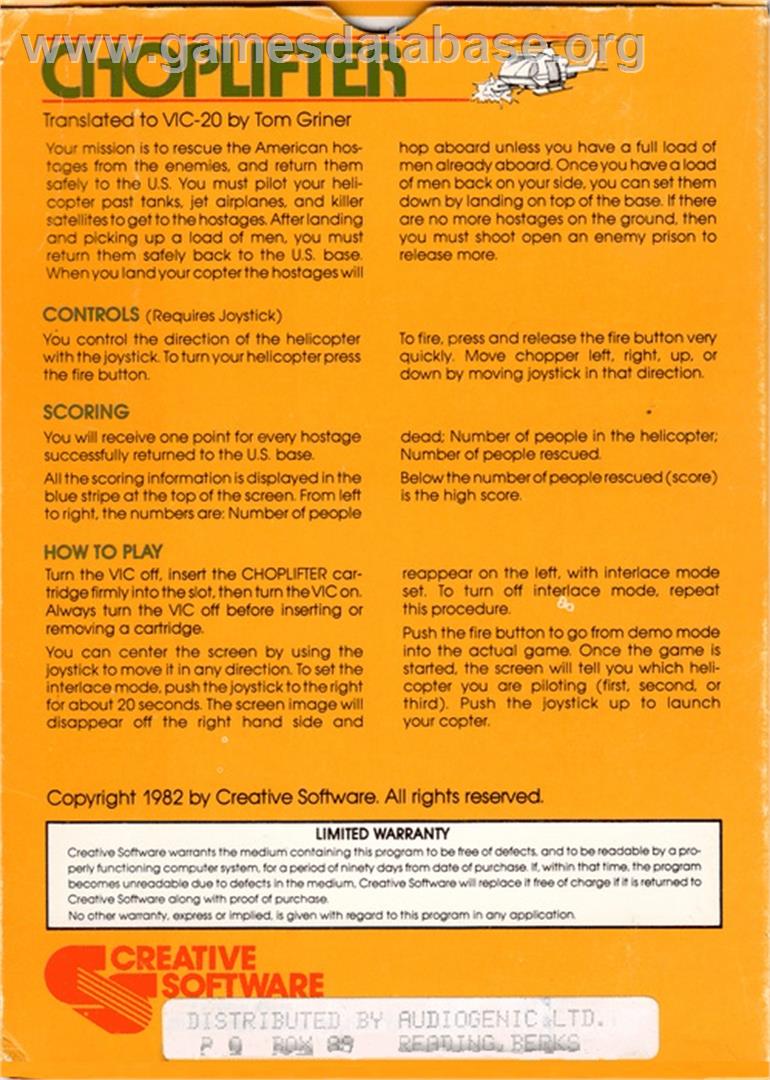 Choplifter - Commodore VIC-20 - Artwork - Box Back