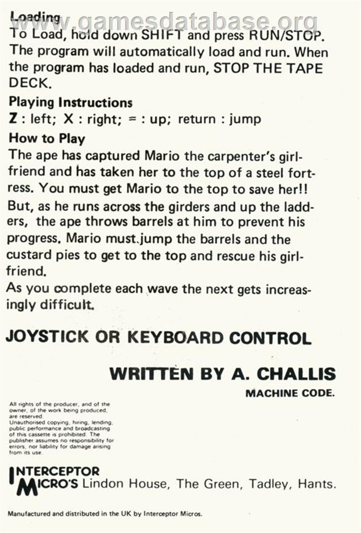 Crazy Kong - Commodore VIC-20 - Artwork - Box Back