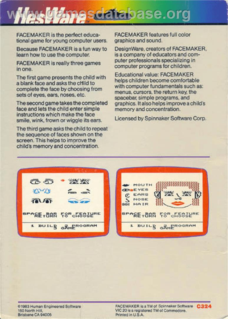 Face Maker - Commodore VIC-20 - Artwork - Box Back