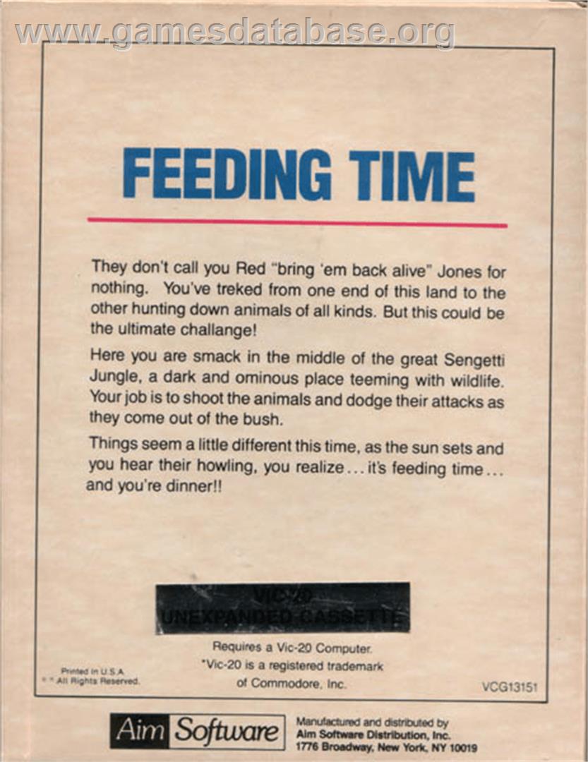 Feeding Time - Commodore VIC-20 - Artwork - Box Back