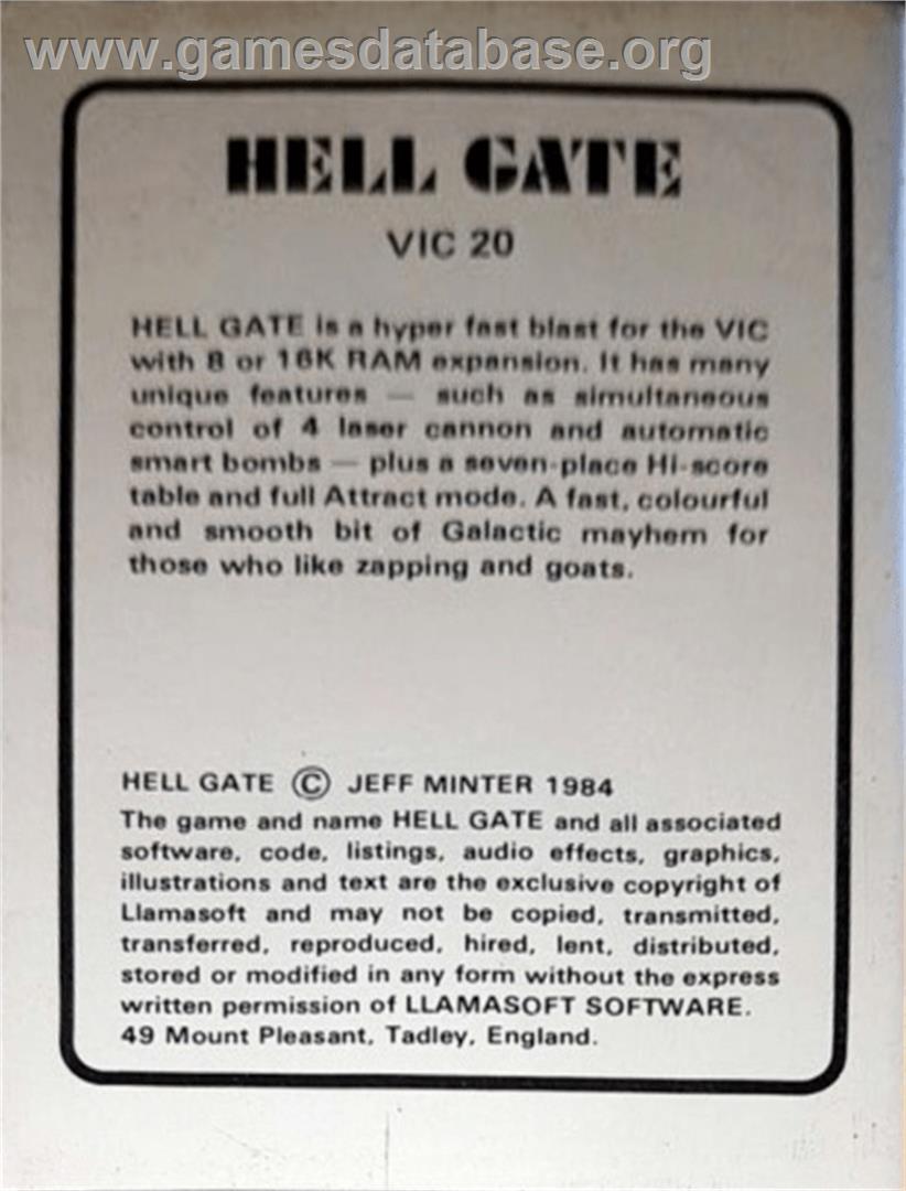 Hellgate - Commodore VIC-20 - Artwork - Box Back