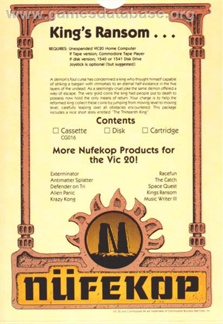 King's Ransom - Commodore VIC-20 - Artwork - Box Back