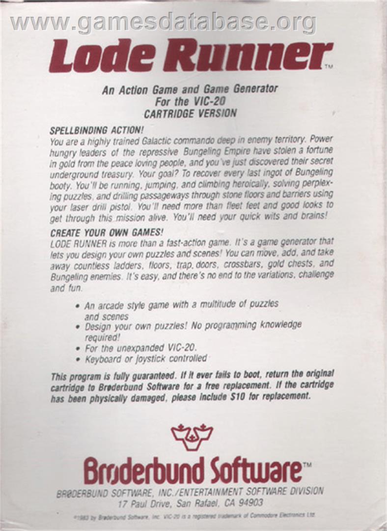 Lode Runner - Commodore VIC-20 - Artwork - Box Back