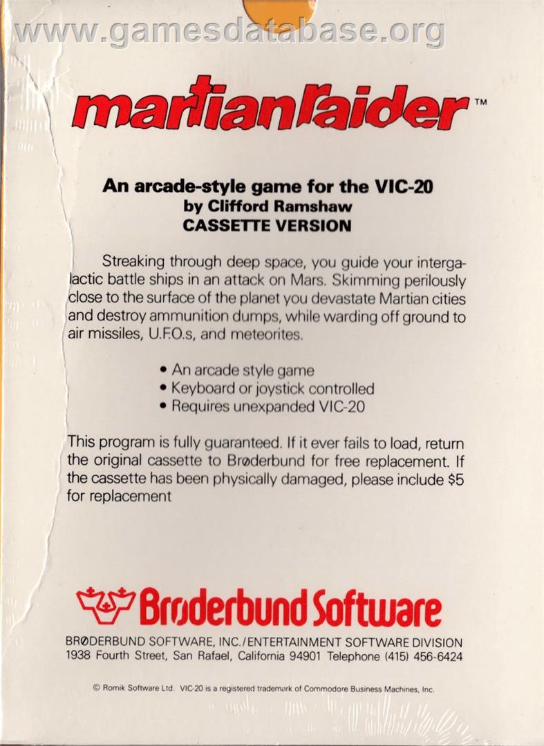 Martian Raider - Commodore VIC-20 - Artwork - Box Back
