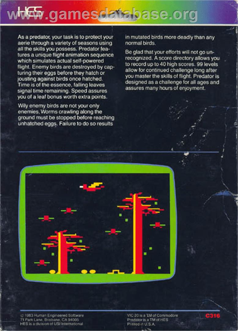 Predator - Commodore VIC-20 - Artwork - Box Back