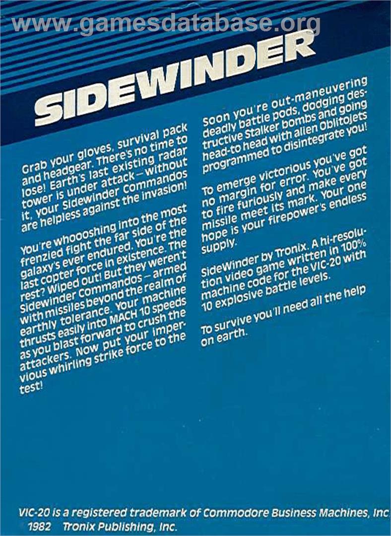 Sidewinder - Commodore VIC-20 - Artwork - Box Back