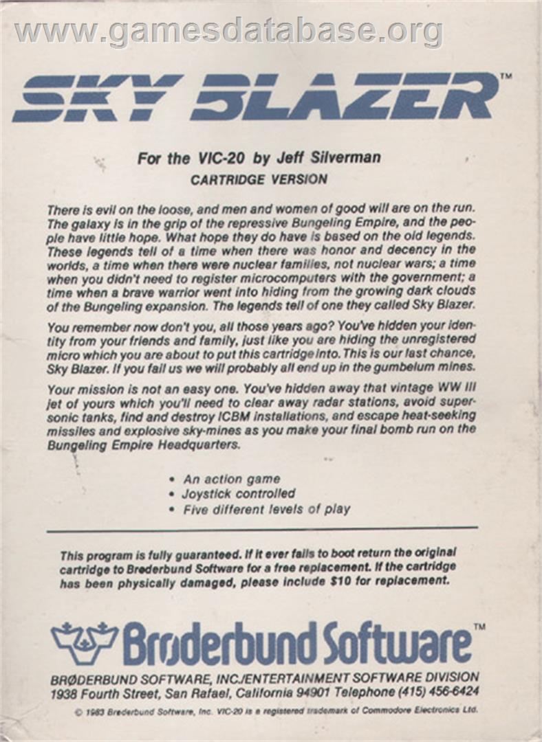 Sky Blazer - Commodore VIC-20 - Artwork - Box Back