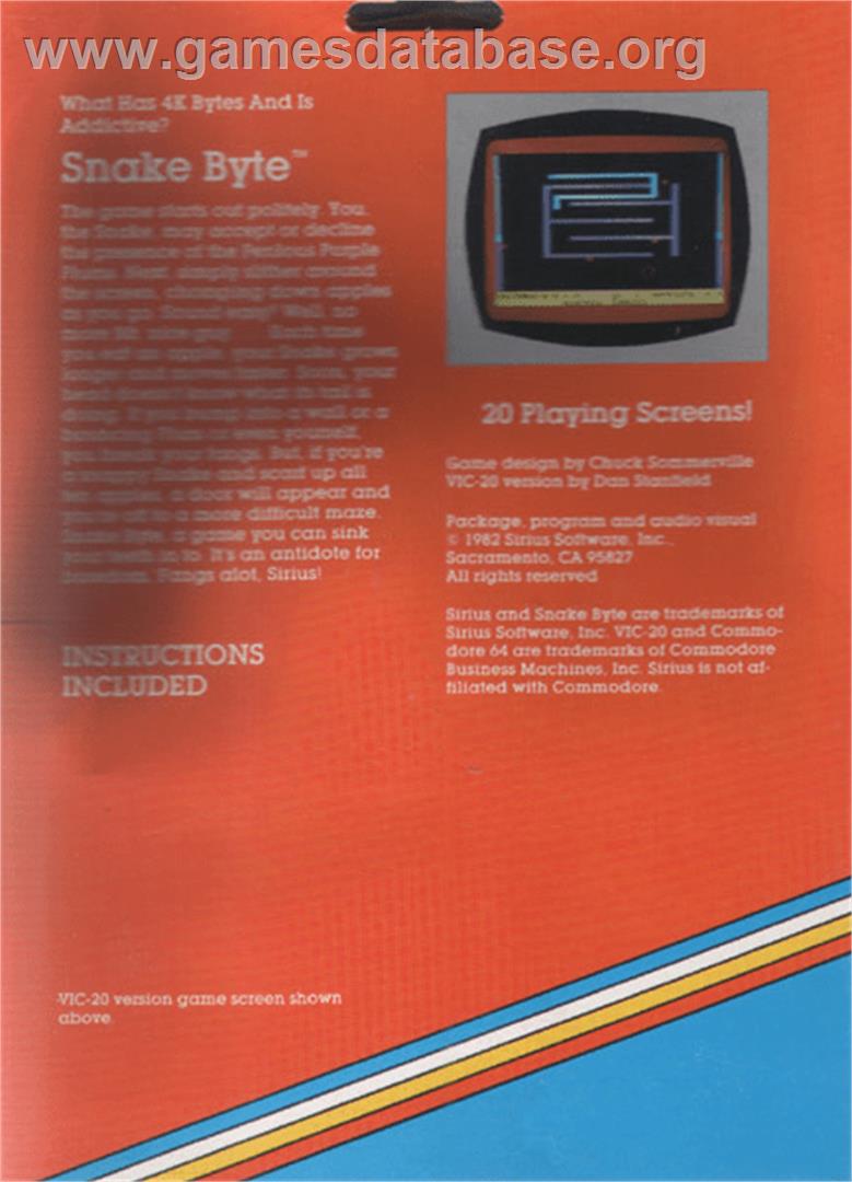 Snake Byte - Commodore VIC-20 - Artwork - Box Back