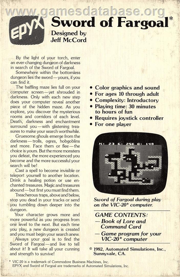 Sword of Fargoal - Commodore VIC-20 - Artwork - Box Back