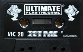 Cartridge artwork for Jetpac on the Commodore VIC-20.