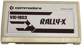Cartridge artwork for Rally-x on the Commodore VIC-20.