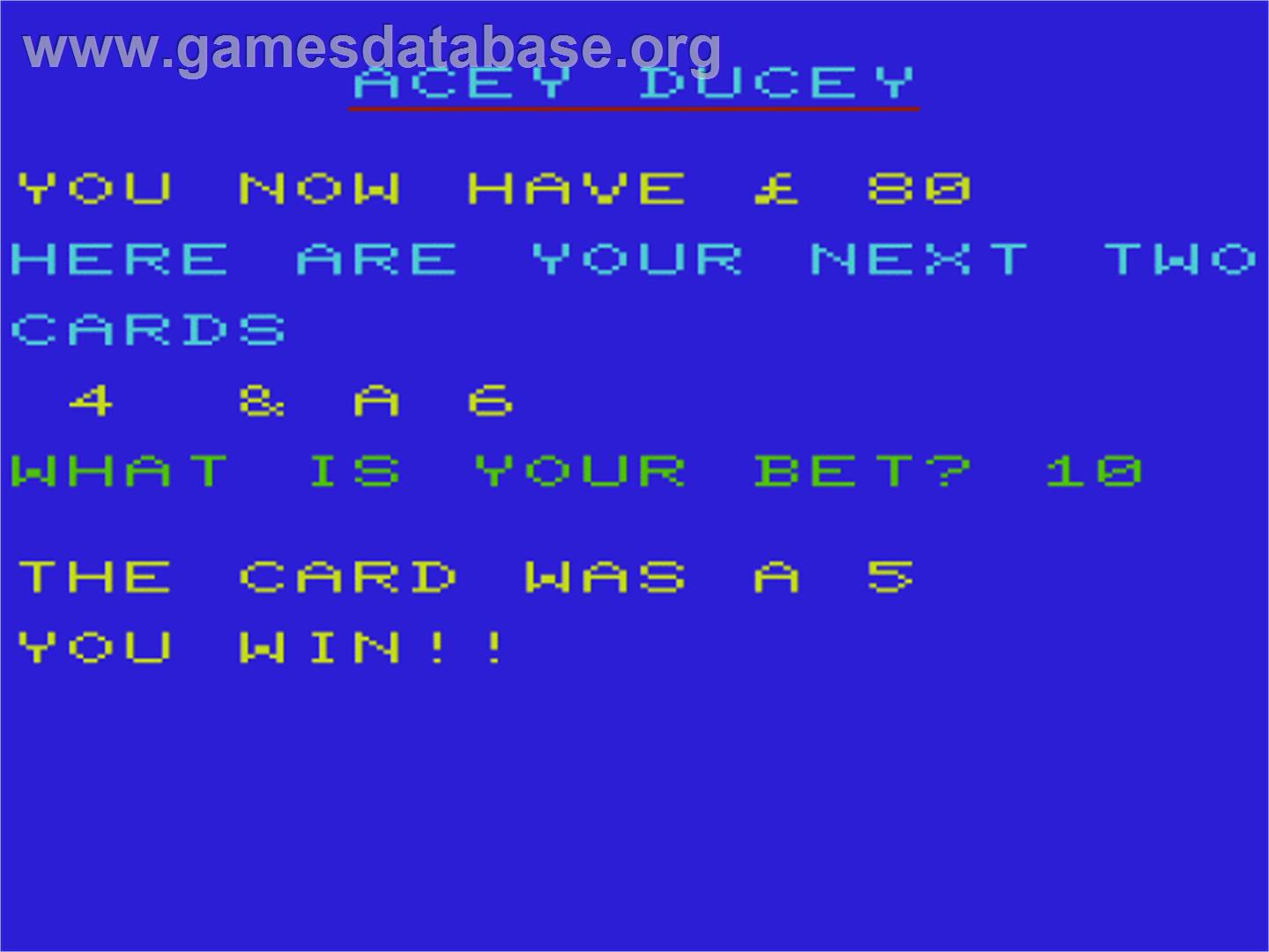 Acey Ducey - Commodore VIC-20 - Artwork - In Game