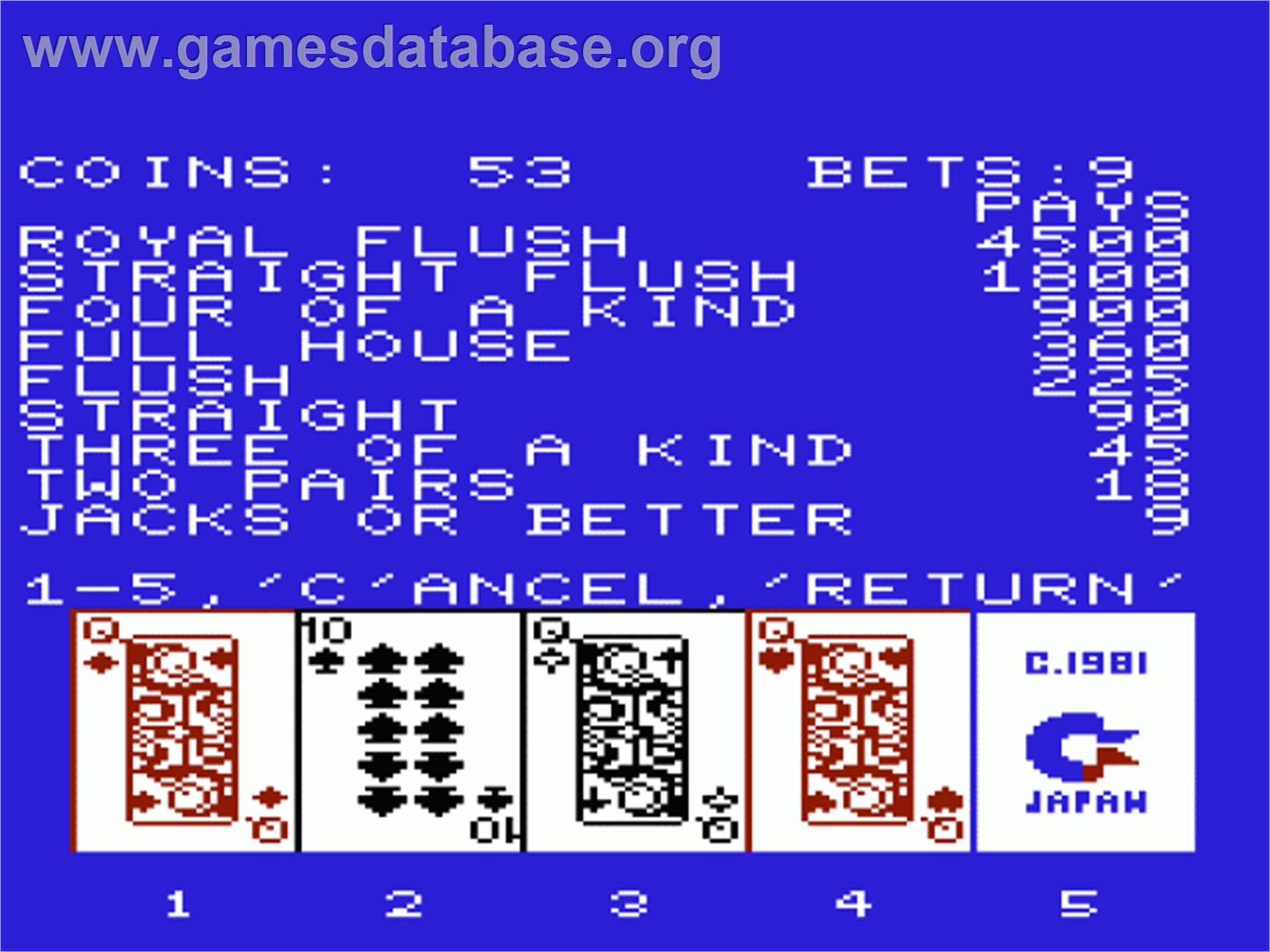 Draw Poker - Commodore VIC-20 - Artwork - In Game
