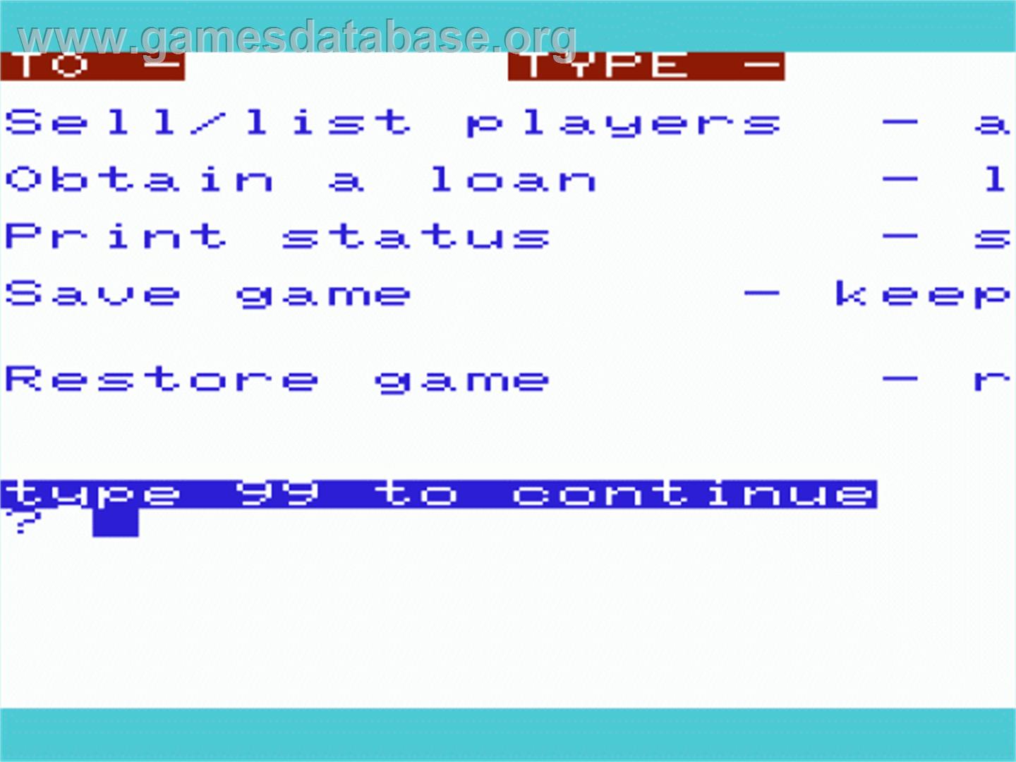 Football Manager - Commodore VIC-20 - Artwork - In Game