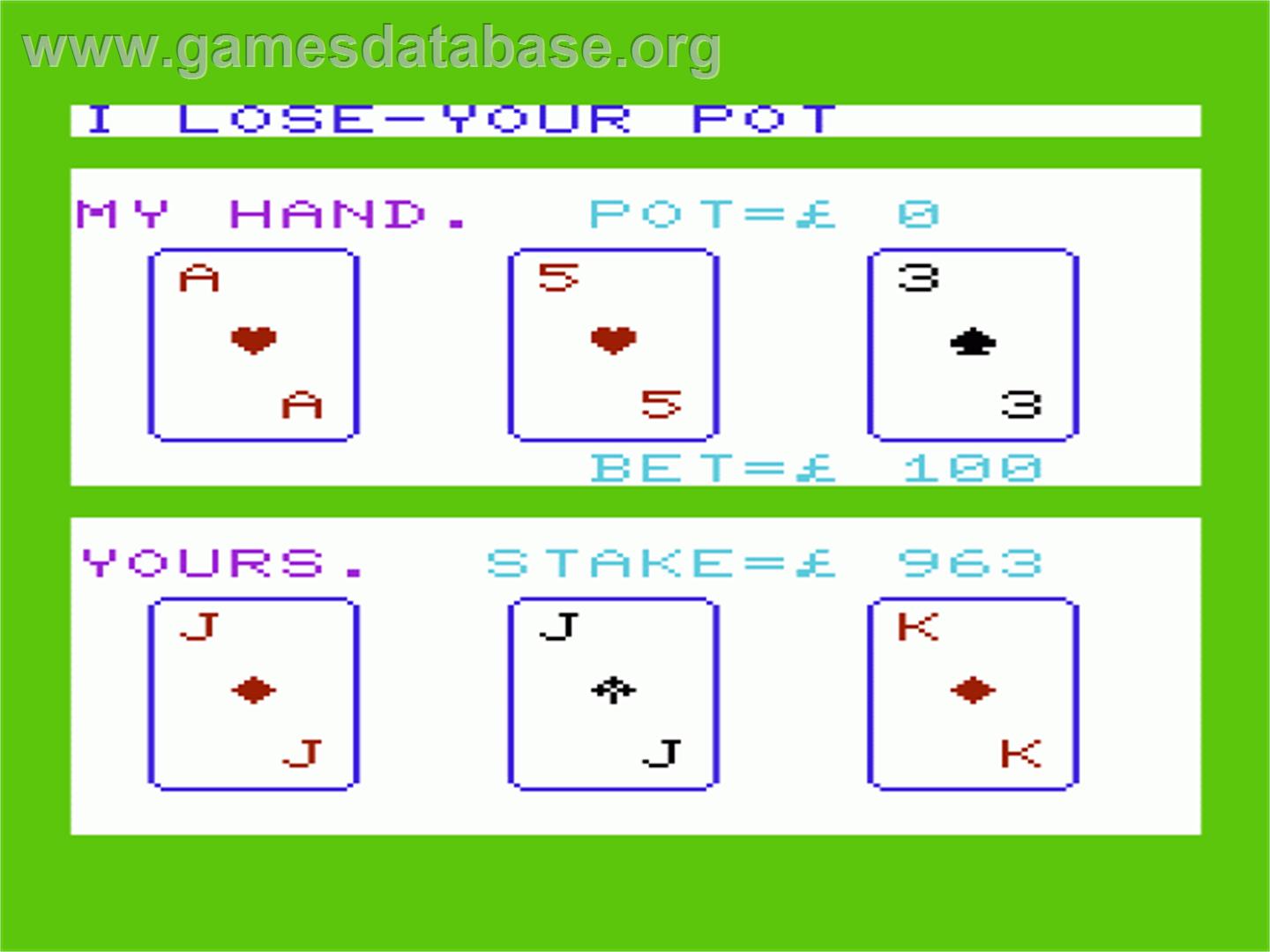 Three Card Brag - Commodore VIC-20 - Artwork - In Game