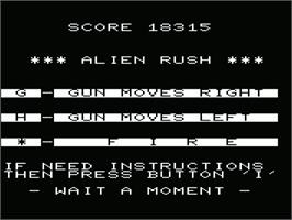 Title screen of Alien Rush on the Commodore VIC-20.