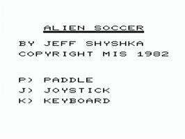 Title screen of Alien Soccer on the Commodore VIC-20.