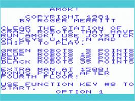 Title screen of Amok on the Commodore VIC-20.