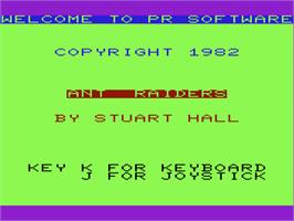 Title screen of Ant Raiders on the Commodore VIC-20.