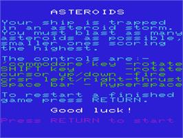 Title screen of Asteroids on the Commodore VIC-20.