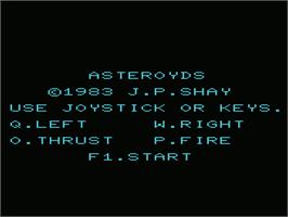 Title screen of Asteroyds on the Commodore VIC-20.