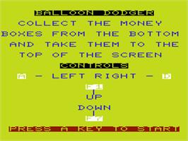 Title screen of Balloon Dodger on the Commodore VIC-20.