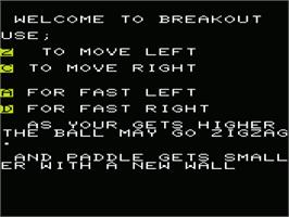 Title screen of Breakout on the Commodore VIC-20.