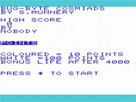 Title screen of Cosmiads on the Commodore VIC-20.