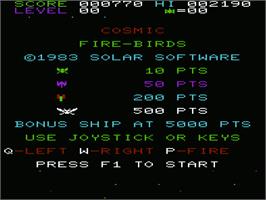 Title screen of Cosmic Firebirds on the Commodore VIC-20.