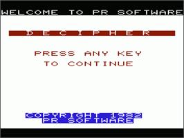 Title screen of Decipher on the Commodore VIC-20.