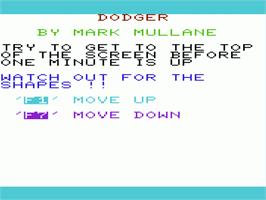 Title screen of Dodger on the Commodore VIC-20.