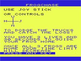 Title screen of Frog Chase on the Commodore VIC-20.