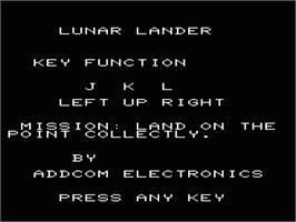 Title screen of Lunar Lander on the Commodore VIC-20.