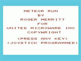 Title screen of Meteor Run on the Commodore VIC-20.