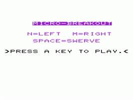 Title screen of Micro Breakout on the Commodore VIC-20.
