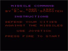 Title screen of Missile Command on the Commodore VIC-20.