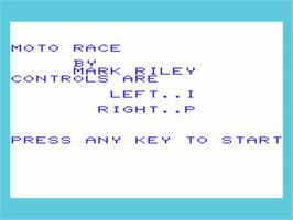 Title screen of Moto Race on the Commodore VIC-20.