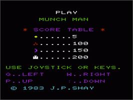 Title screen of Munch Man on the Commodore VIC-20.